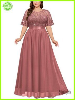Plus Size Sequin Lace Flutter Sleeve Mother of the Bride Maxi Dress
